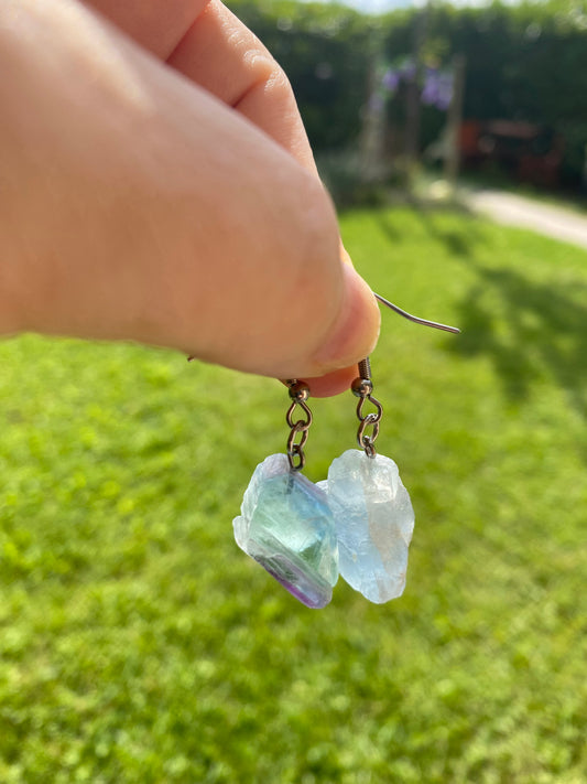 Orecchini Pendenti di Fluorite Arcobaleno Grezza